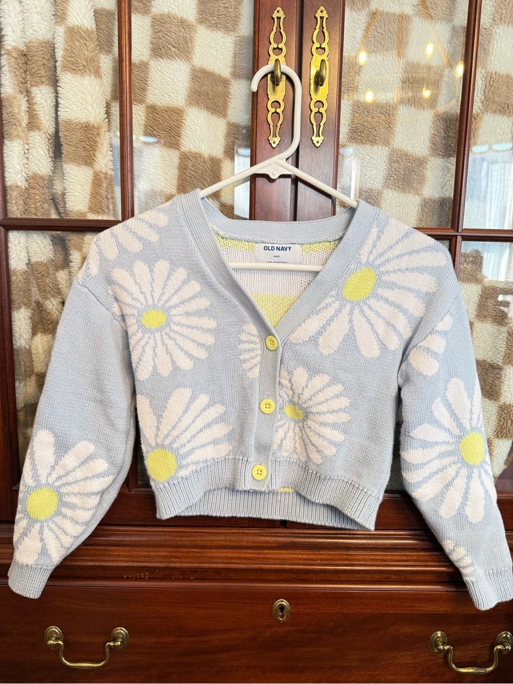 Old Navy Light Blue Daisy Cropped Cardigan with Yellow Centers